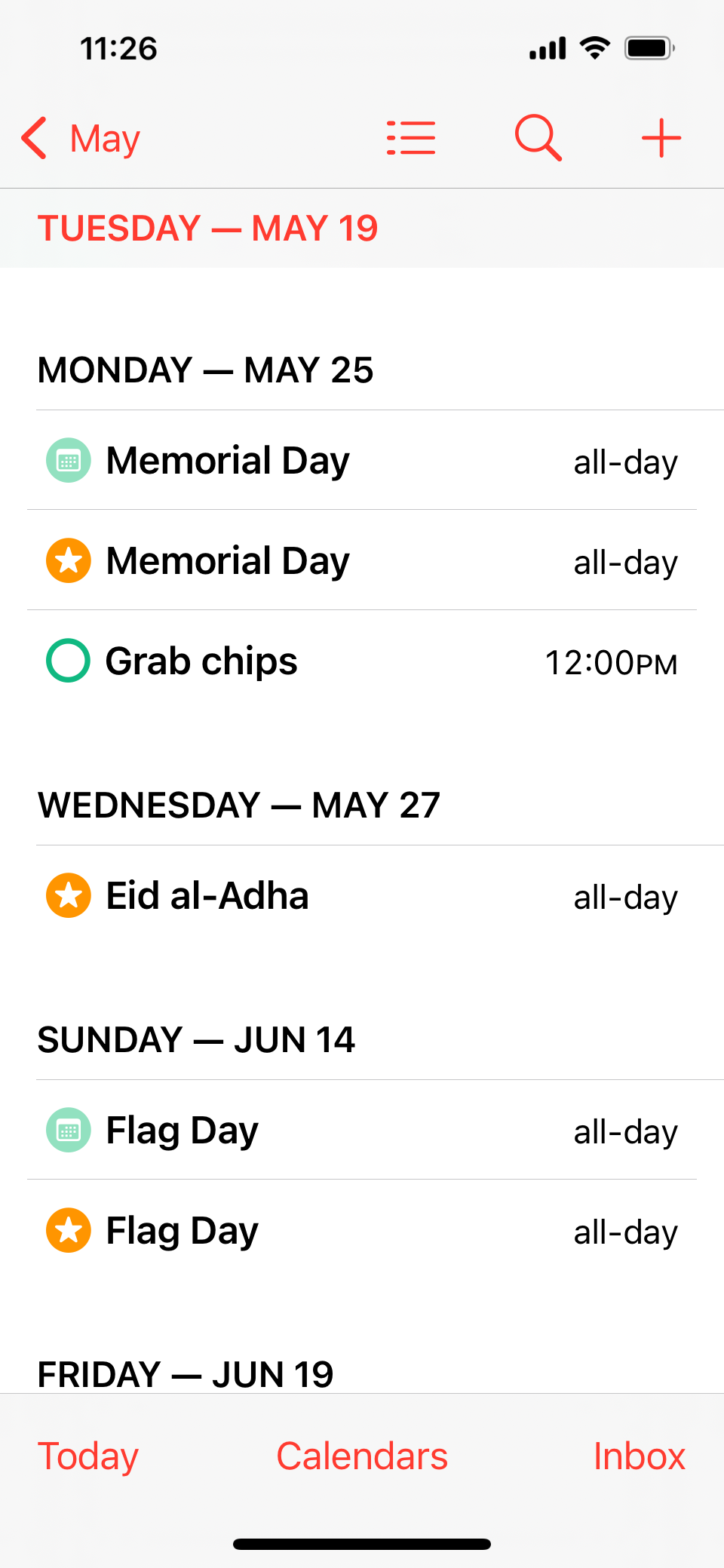 Apple Calendar showing the Grab chips item on Monday May 25
