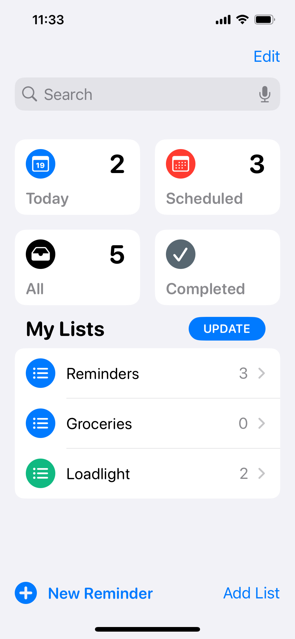 Apple Reminders app showing a Loadlight list