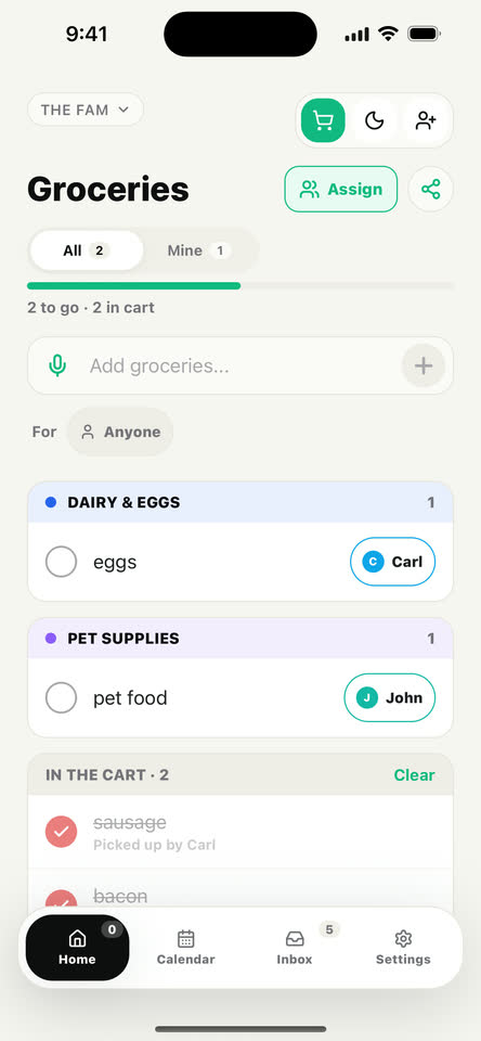 Loadlight grocery list with items grouped by aisle, assigned shoppers, and checked items in the cart