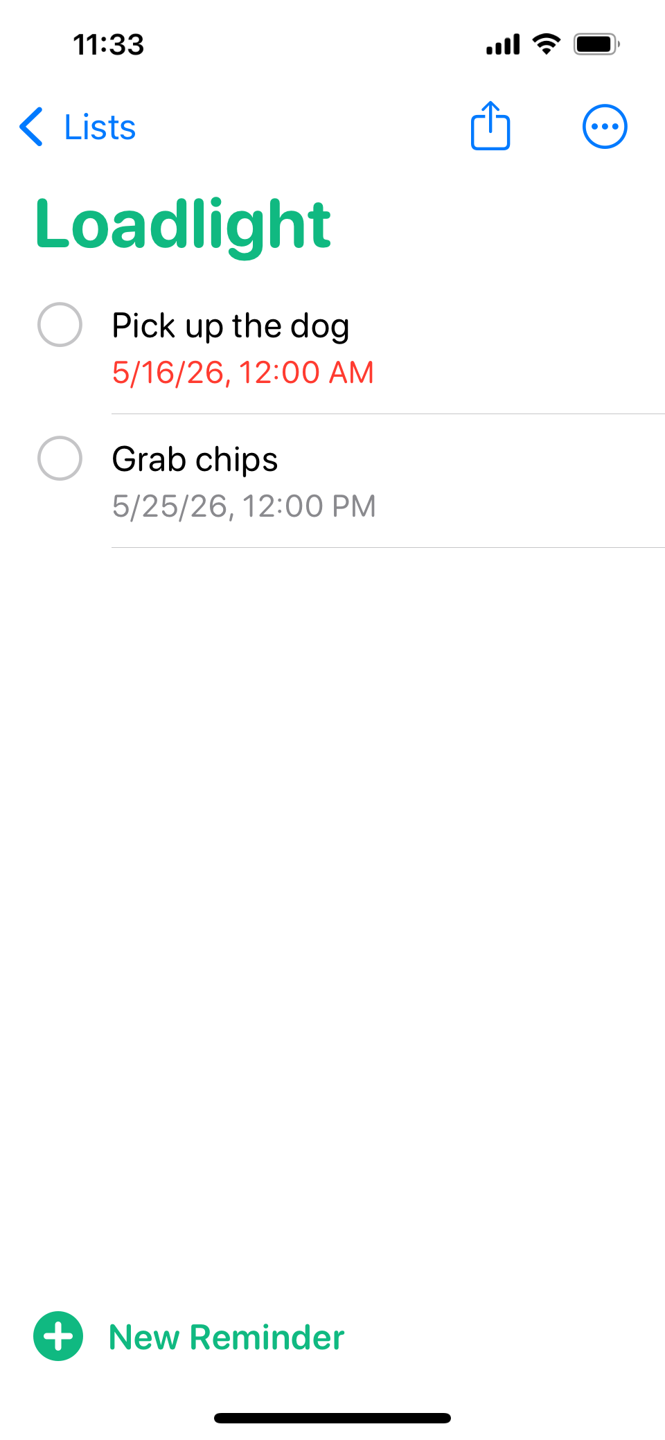 Apple Reminders Loadlight list showing synced todos