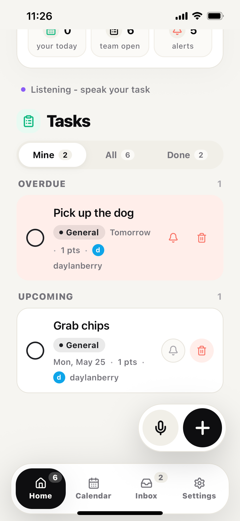 Loadlight showing a dated todo called Grab chips